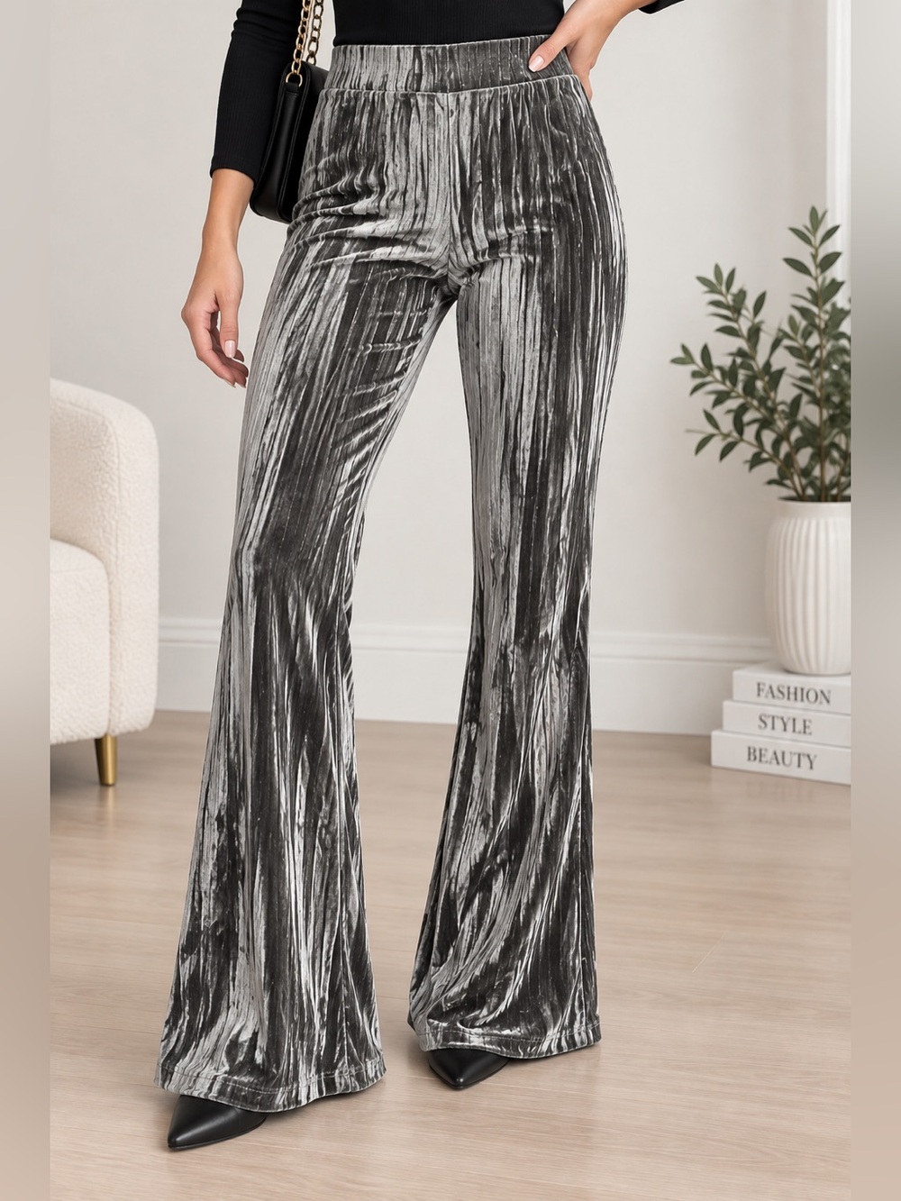 Urban Outfitters Velvet Flare Pants Gray Silver Stretch Pull On Size S NWT